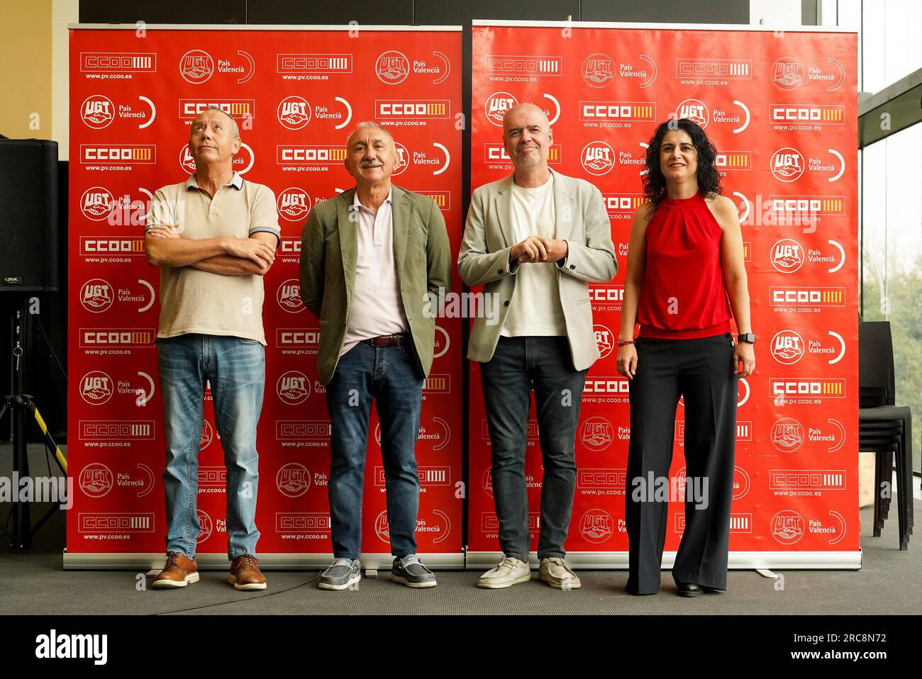 (L-R) The secretary general of UGT PV, Ismael Sáez; the secretary general of UGT, Pepe Álvarez; the secretary general of CCOO, Unai Sordo, and the secretary general of CCOO PV, Ana García, pose on their arrival at the assembly on the occasion of the AvançarEnDrets-Asamblea conjunta UGT-CCOO, in La Rambleta, on July 13, 2023, in Valencia, Community of Valencia (Spain). Under the name 'Advancing in rights' this meeting between the majority trade unions in Spain will take place. 13 JULY 2023;VALENCIA;JOINT ASSEMBLY;UGT AND CCOO Eduardo Manzana / Europa Press 07/13/2023 (Europa Press via AP) Stock Photo