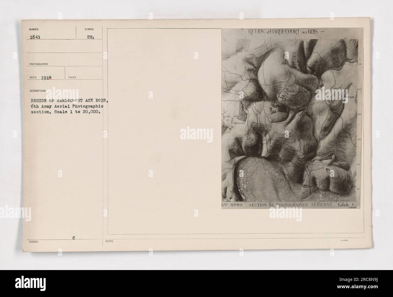 'Region of Hardecourt Aux Bois - Aerial photo depicting the area during World War I. Taken by the 6th Army Aerial Photographic section in 1918 with a scale of 1 to 20,000. The photo reveals the landscape and symbols indicating areas captured by the Allied forces. ' Stock Photo