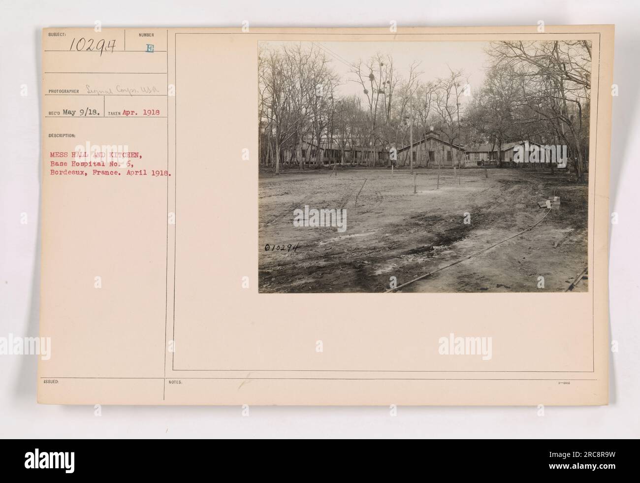 Mess hall and kitchen of Base Hospital No. 6 in Bordeaux, France during World War One. This photograph, taken in April 1918, shows the facilities where meals were prepared and served to the military personnel at the hospital. The image was taken by a photographer from the Signal Corps, USA. Stock Photo