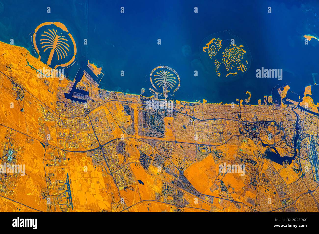 Palm Jumeirah and Palm Jabel Ali, artificial islands in Dubai, United Arab Emirates. Image by NASA. Media usage guidelines: https://www.nasa.gov/multi Stock Photo