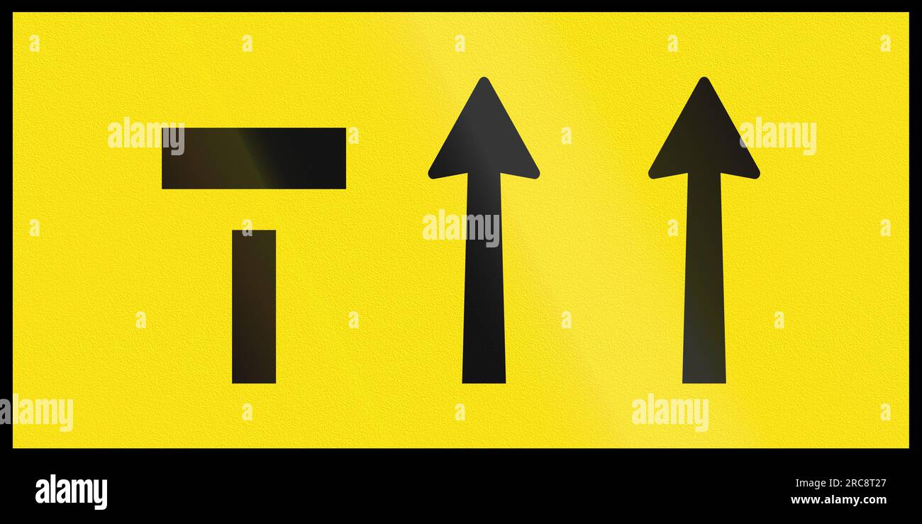 An Australian temporary roadwork sign Left of three lanes ends Stock