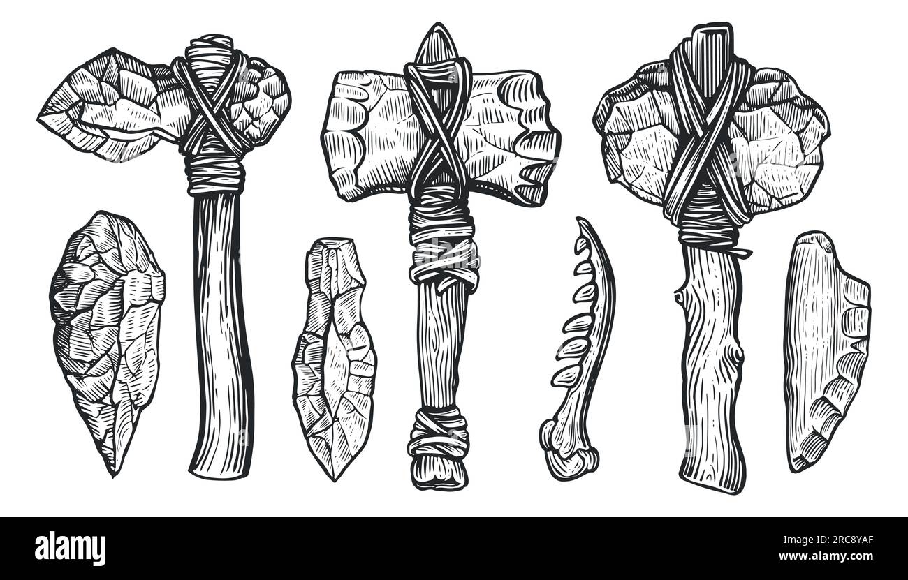 Prehistoric age tools and weapon set. Stone ax of a primitive man. Sketch vector illustration Stock Vector