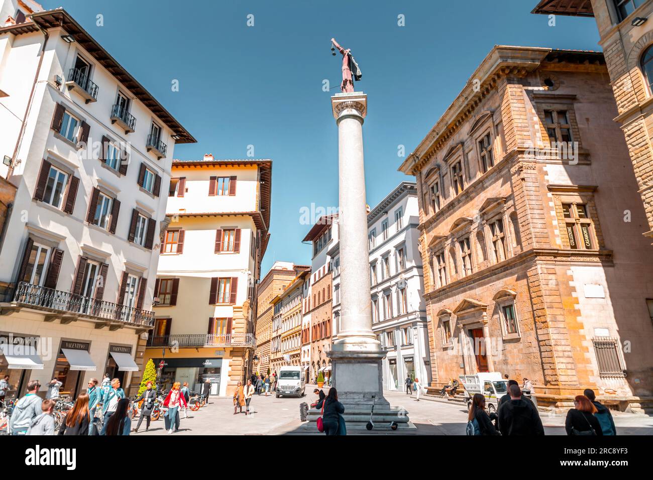 Florence, Italy - April 5, 2022: Column of Justice is an ancient Roman marble column with a porphyry statue of Justice at the top. Stock Photo