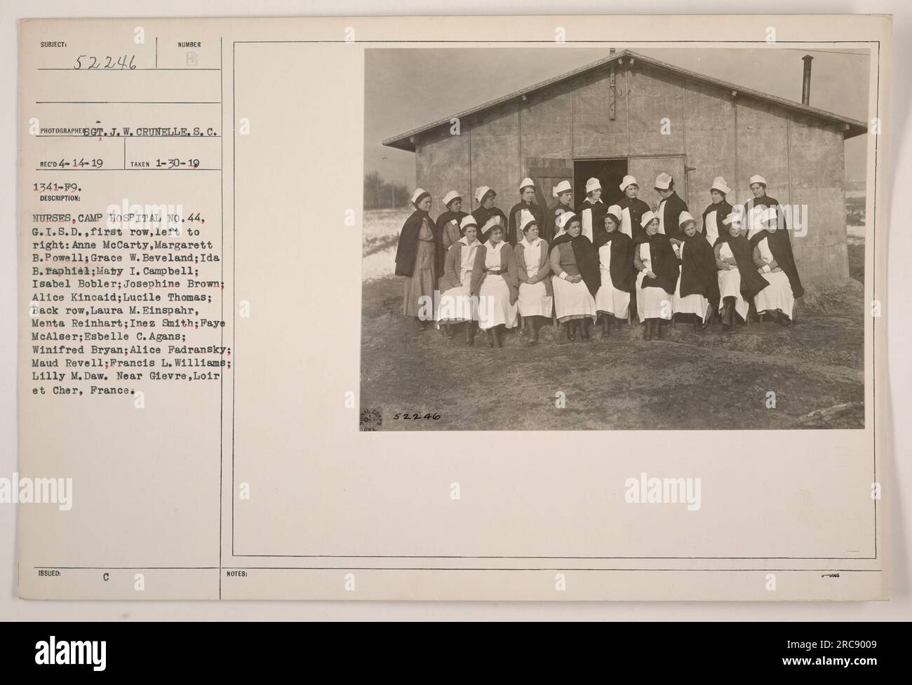 'Nurses from Camp Hospital No. 44, G.I.S.D. near Gievre, Loire et Cher, France. The photo, taken on January 30, 1919, captioned with the names of the individuals. The first row shows (left to right): Anne McCarty, Margarett B. Powell, Grace W. Beveland, Ida B. Faphiel, Maty I. Campbell, Isabel Bobler, Josephine Brown, Alice Kincaid, Lucile Thomas. The back row showcases Laura M. Einspahr, Menta Reinhart, Ines Smith, Paye McAlser, Esbelle C. Agans, Winifred Bryan, Alice Fadransky, Maud Revell, Francis L. Williams, and Lilly M. Daw.' Stock Photo