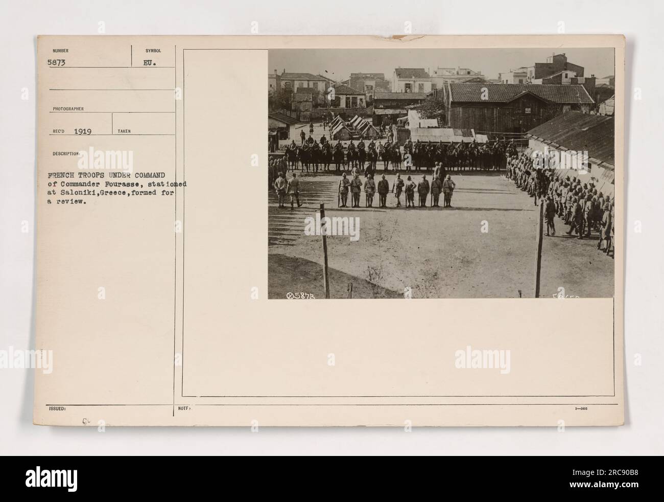 French troops under the command of Commander Fourasse, stationed at Saloniki, Greece, gather for a review. This photograph from 1919 documents the presence of French military forces during World War One. Stock Photo