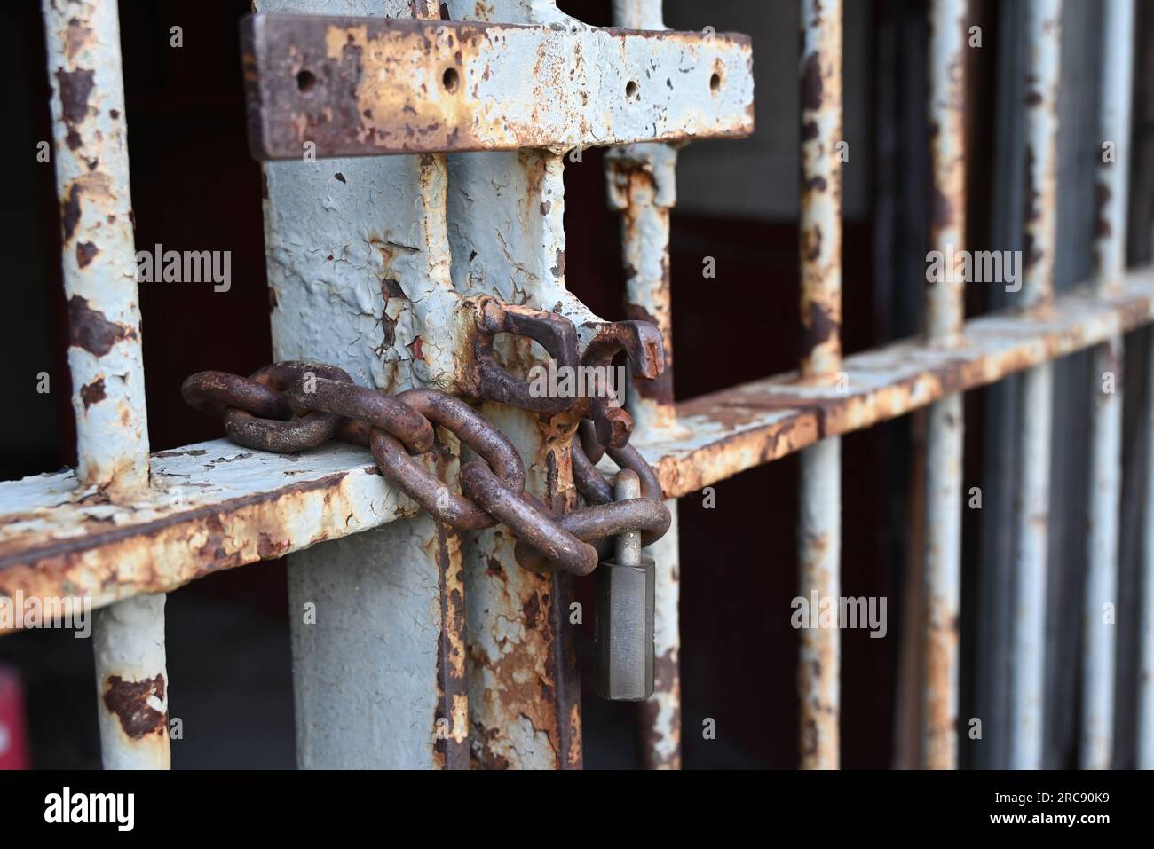 A chained and padlocked prison gate at the Old Joliet Prison, which opened in 1858 and was closed and abandoned in 2002. Stock Photo