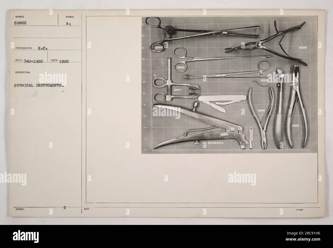 Image of surgical instruments used during World War I. The photograph