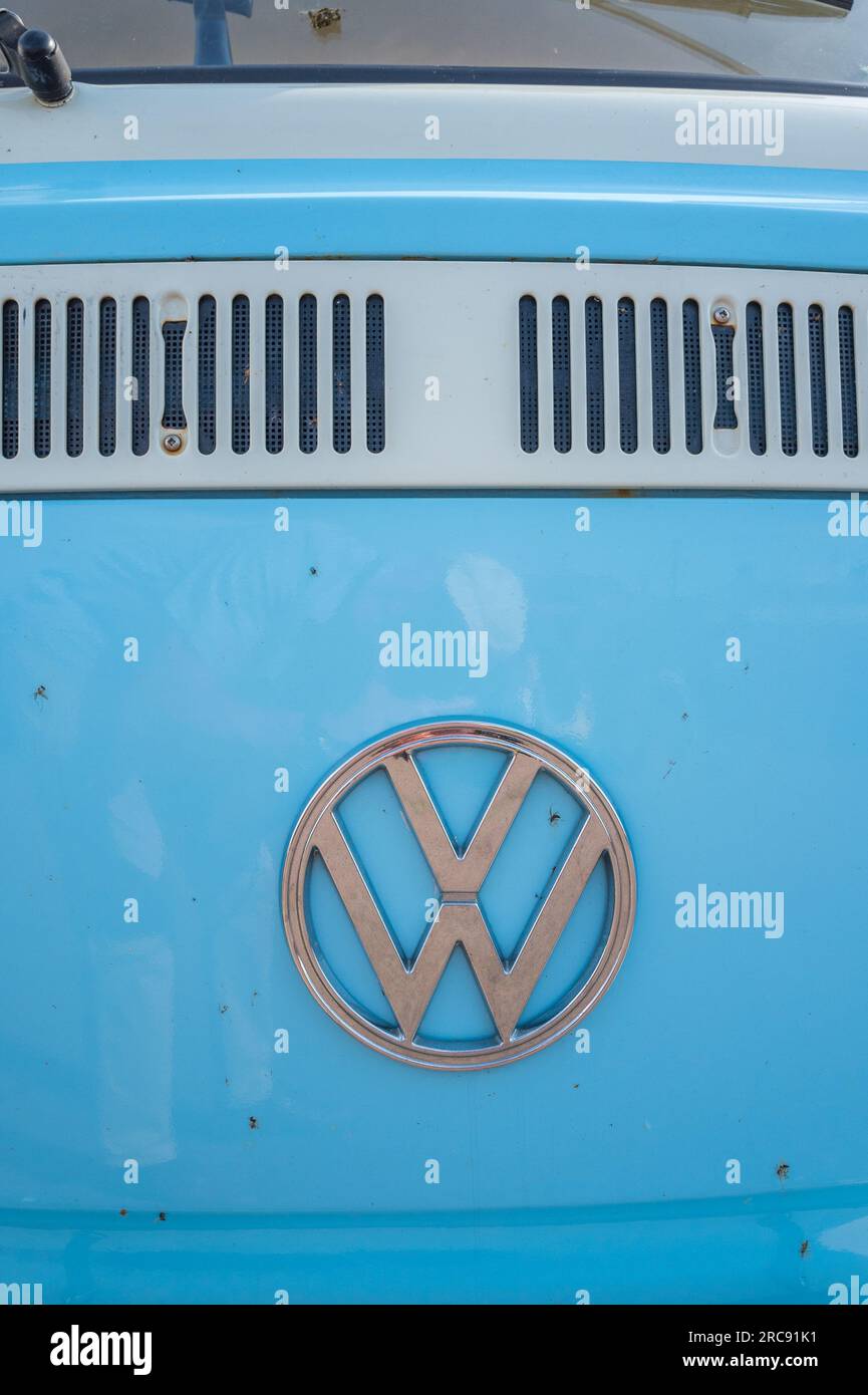 Light blue and white bay window Volkswagen VW T2 camper van Stock Photo ...
