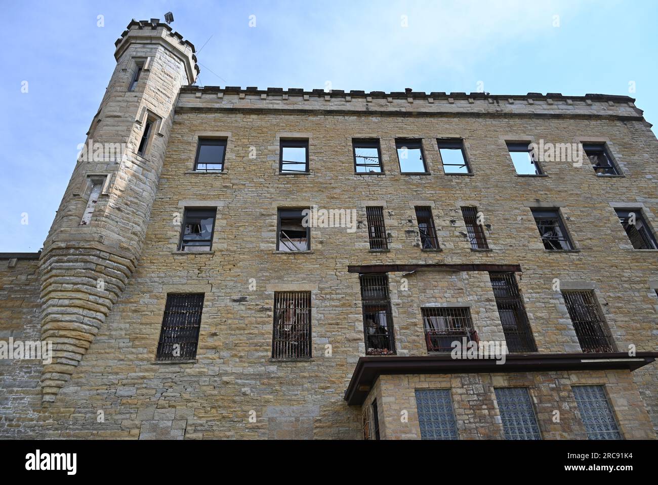 The roof is gone on the crumbling administration building that sits abandoned at the Old Joliet Prison, which opened in 1858 and closed in 2002. Stock Photo
