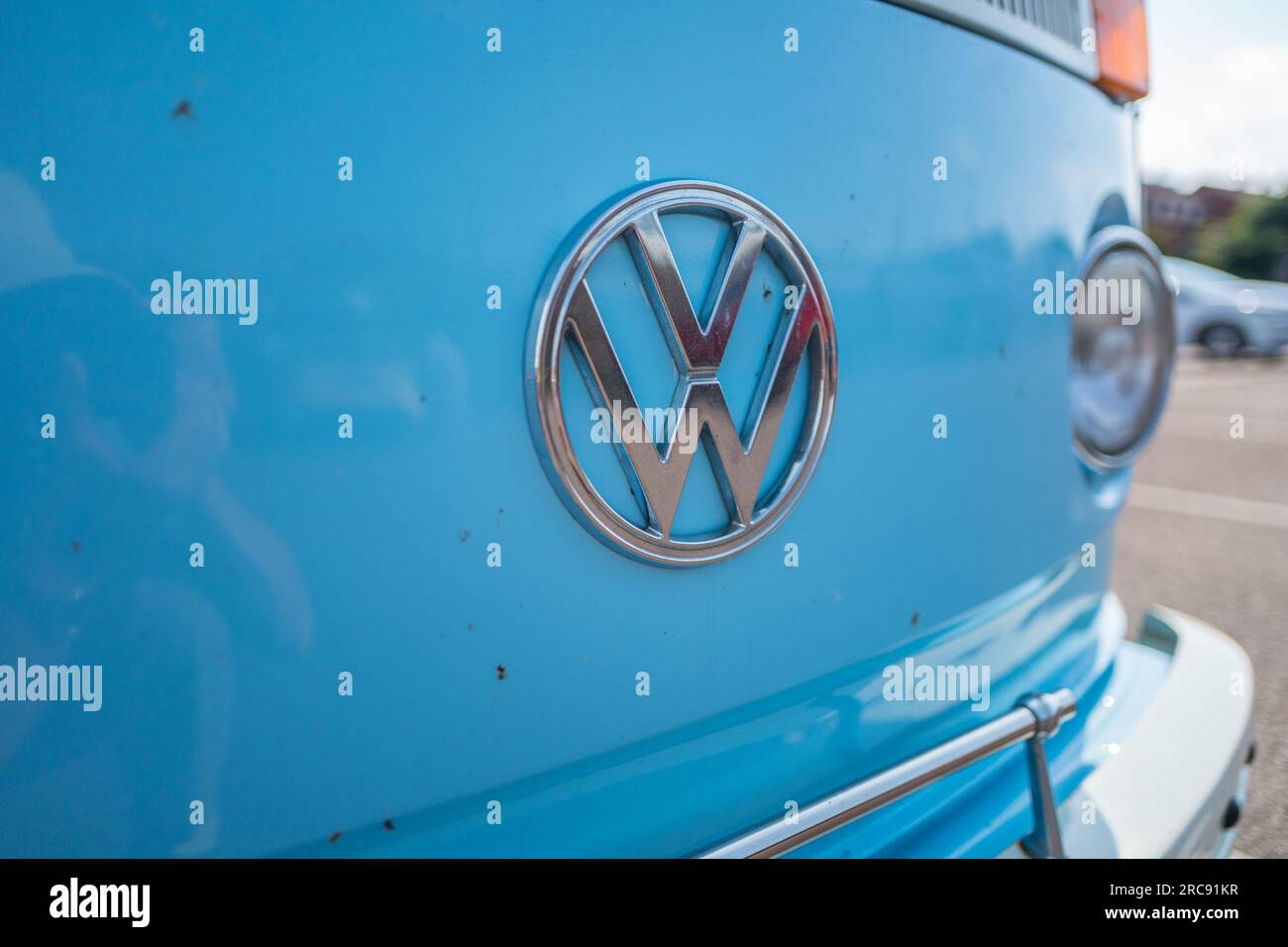 Light blue and white bay window Volkswagen VW T2 camper van Stock Photo ...