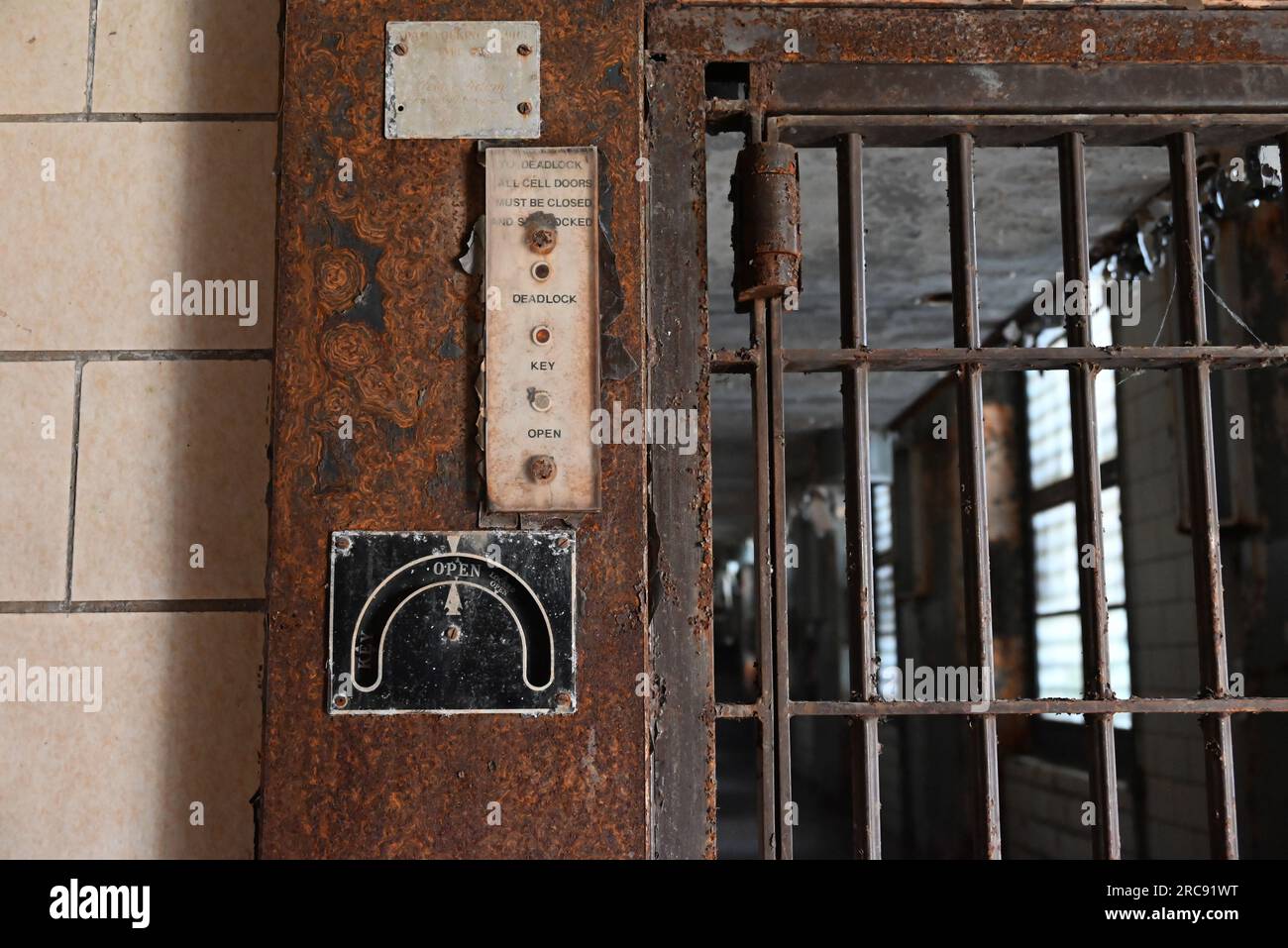 Close up of the old cell block locking control panel at the Old Joliet Prison, which opened in 1858 and closed in 2002. Stock Photo