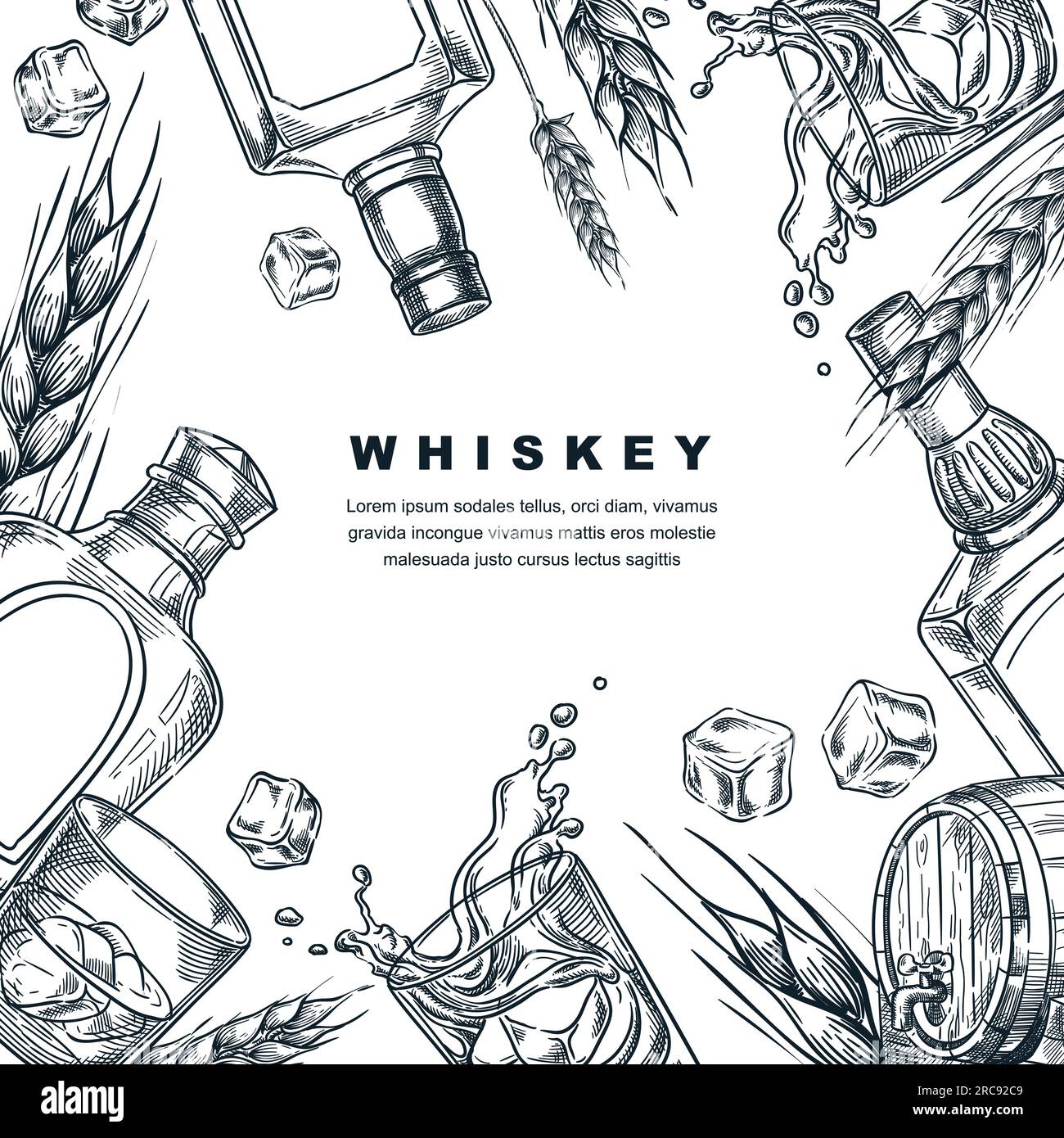 Whiskey tasting banner poster party flyer. Vector sketch square frame illustration of whisky or brandy bottle, glasses, barley, wheat. Winery alcohol Stock Vector