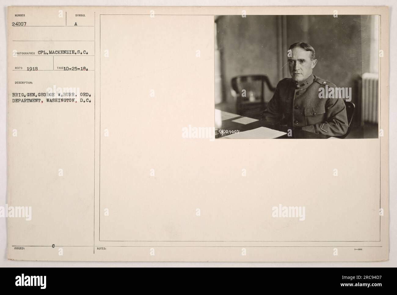 Brigadier General George W. Burr of the Ordinance Department in Washington, D.C. in 1919. Symbol issued on October 25th, 1918. Photograph taken by Corporal Mackenzie, S.C. (Service Company). Official note number 9024005. Stock Photo