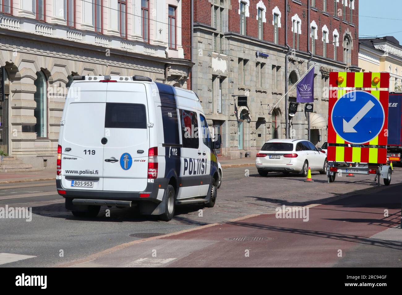 Helsinki, Finland. July 13, 2023: Police vehicle in central Helsinki on the day of US President Joe Biden's visit. Image credit: Taina Sohlman/Alamy Stock Photo