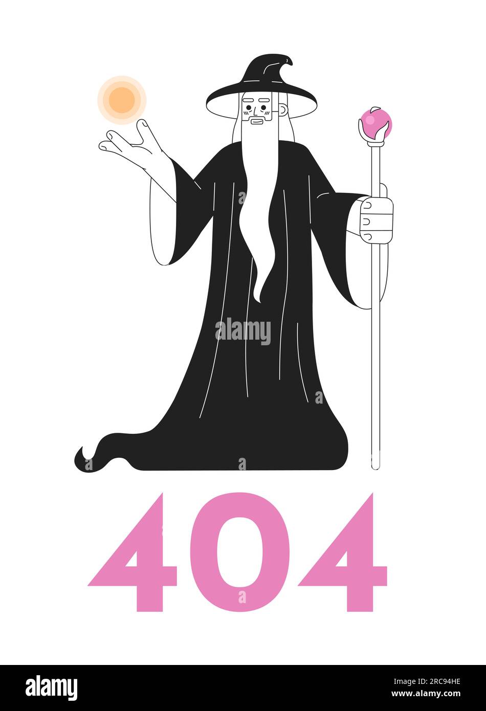 Enchanter doing magic tricks black white error 404 flash message Stock Vector