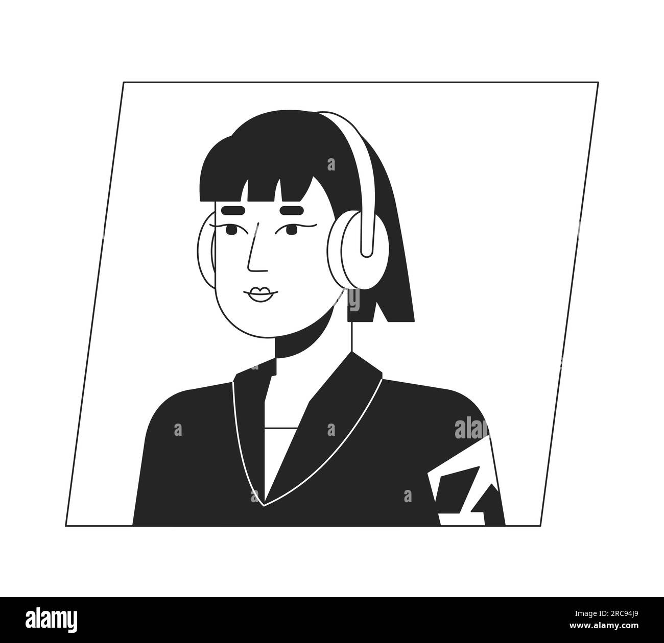 Cute Asian Woman In Headphones Black White Cartoon Avatar Icon Stock