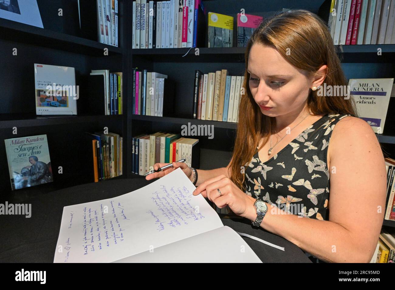 Brno, Czech Republic. 13th July, 2023. Book of condolences at the memorial site commemorating the late writer Milan Kundera at the Milan Kundera Library, part of the Moravian Library (MZK) in Brno, Czech Republic. Czech-born writer Milan Kundera, living in France since 1975, has died at the age of 94 years. Credit: Vaclav Salek/CTK Photo/Alamy Live News Stock Photo