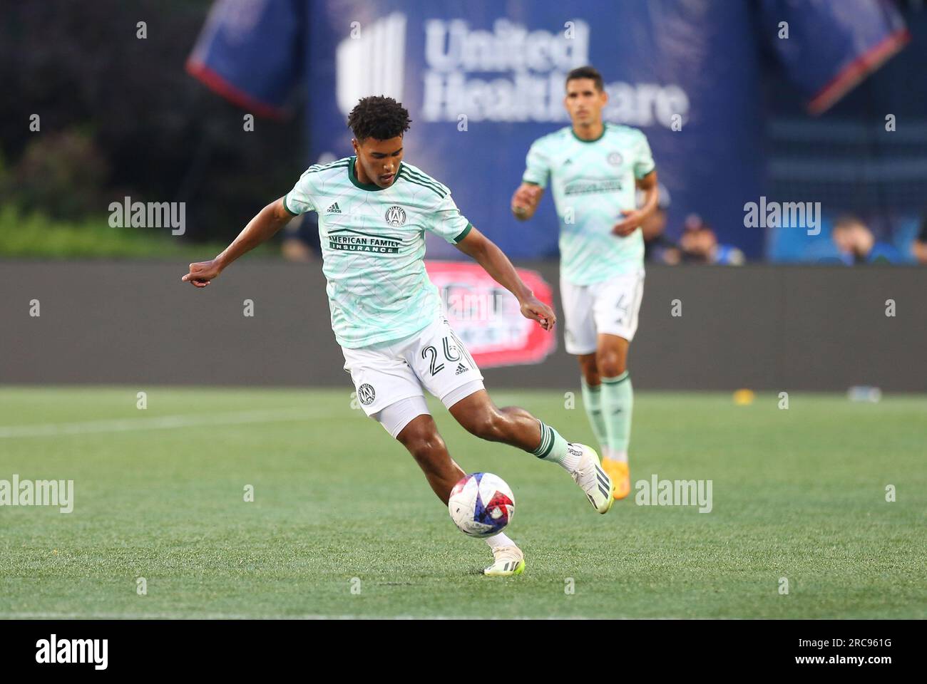 July 12, 2023; Foxborough, MA, USA; Atlanta United defender Caleb Wiley (26) in action during the MLS match between Atlanta United and New England Revolution. Anthony Nesmith/CSM Stock Photo