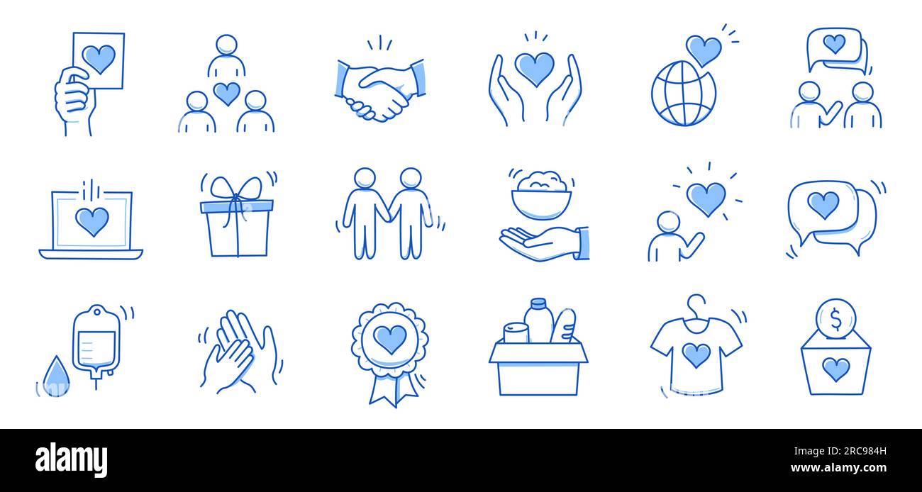Charity hand, money, blood donation doodle line icon. Charity volunteer ...