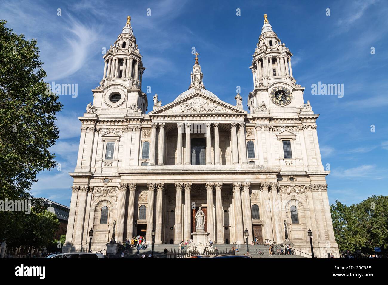 LONDON, UK - 6TH JULY 2023: The front of St Paul's Cathedral in London. People can be seen outside. Stock Photo