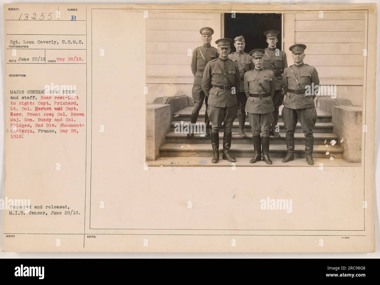 This image features Major General Omar Bundy and his staff. In the rear row, from left to right, are Captain Prichard, Lieutenant Colonel Herbst, and Captain Kerr. In the front row are Colonel Brown, Major General Bundy, and Colonel Bridges. The photograph was taken on May 28, 1918, at Shaumont-Gn-Vexin, France, during World War One. It was censored and released by the M.I.B. censor on June 28, 1918. Stock Photo