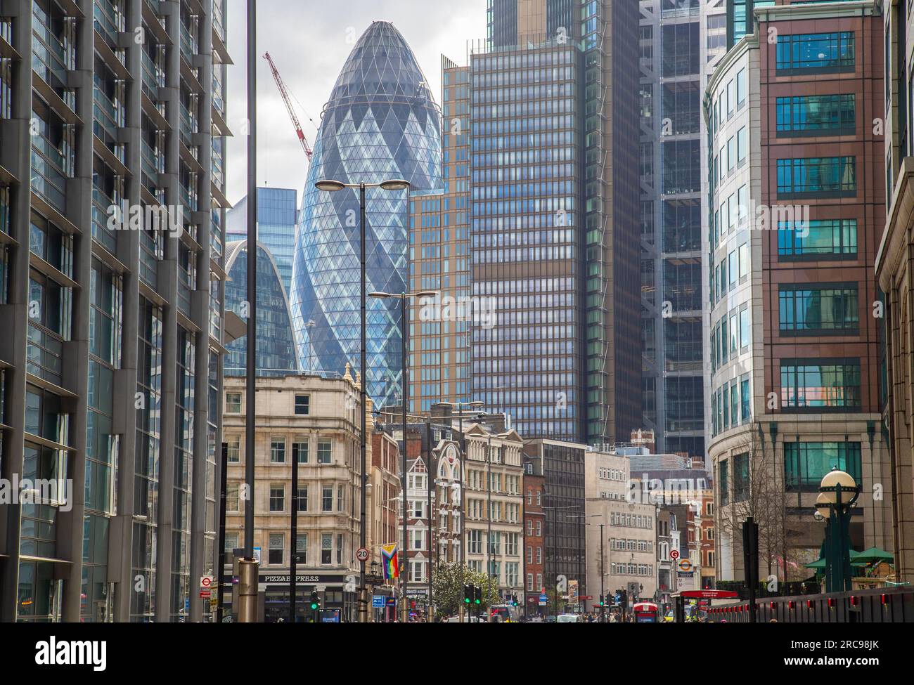 LONDON, UK - 2ND APRIL 2023: Buildings and offices along Bishopsgate in the business district at the City of London. Stock Photo