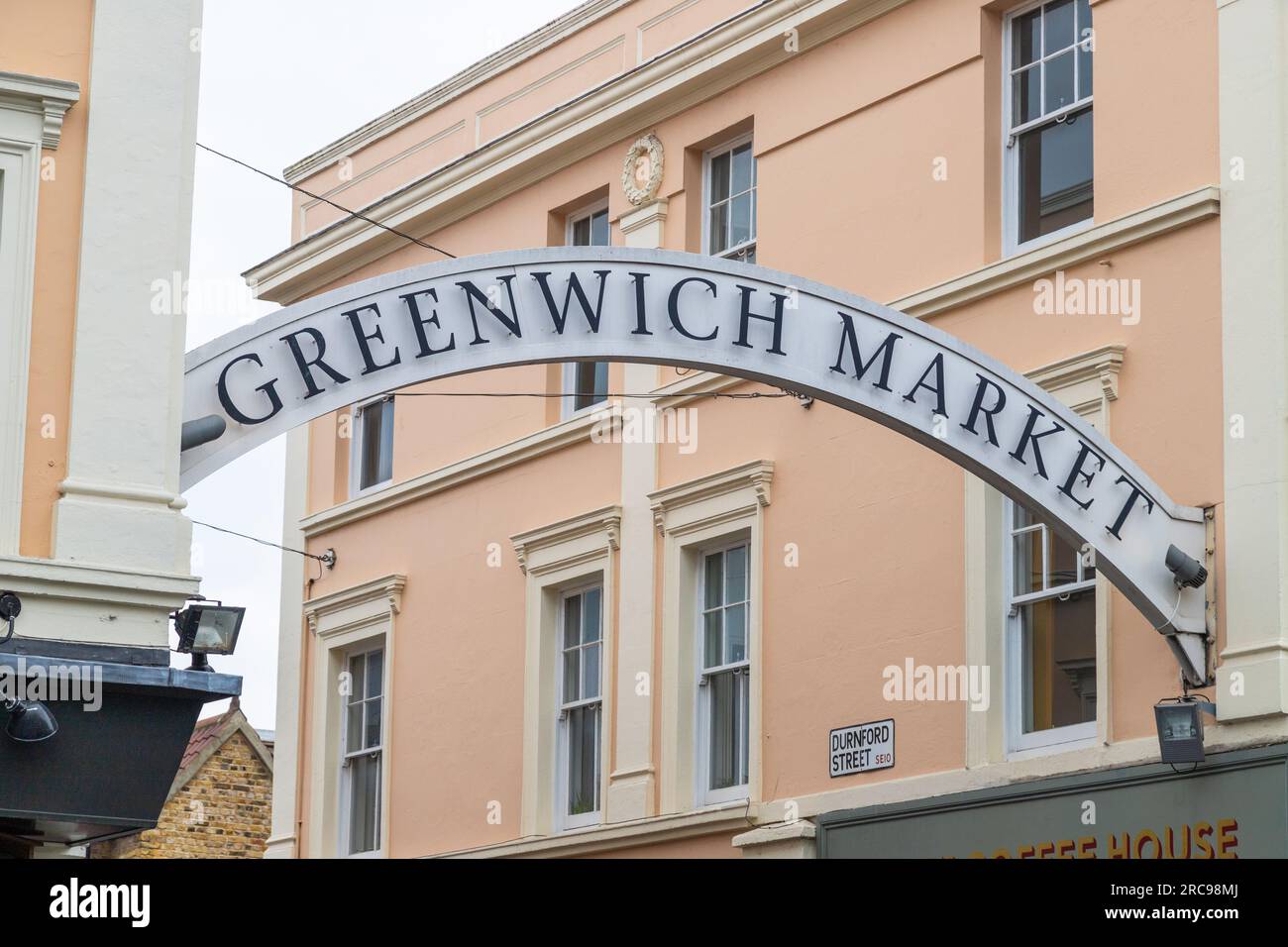 LONDON, UK - 5TH March 2023: A closeup to a sign for Greenwich Market in Southeast London Stock Photo