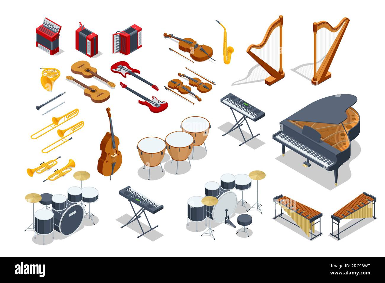 Isometric set of music instrument Cello, trombone, piano