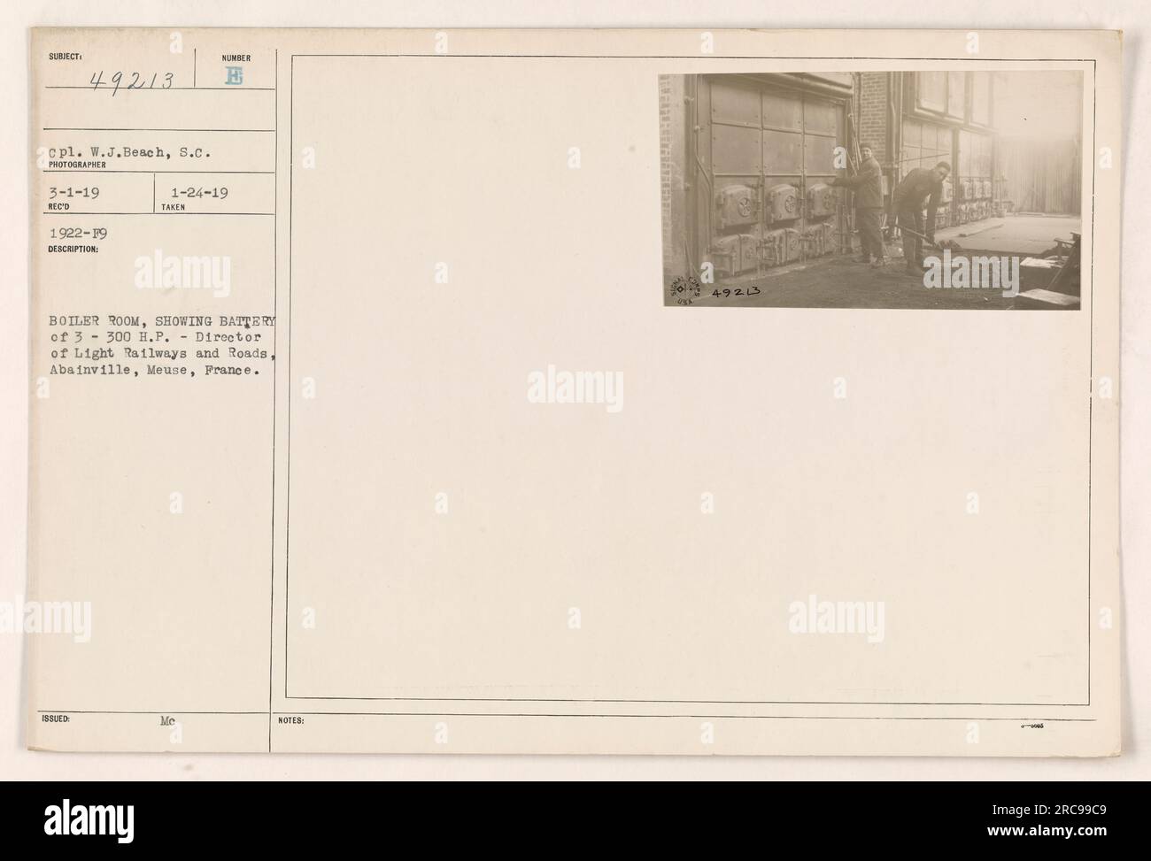 Boiler room, showing battery of 3 - 300 H.P. - Director of Light Railways and Roads, Abainville, Meuse, France. Image taken by cpl. W.J. Beach on 3-1-19. This photo was issued on 1-24-19 with RECO number 1922-F9. The photo depicts the boiler room of the Director of Light Railways and Roads in Abainville, Meuse, France. Note, it has the subject number 49213. Stock Photo