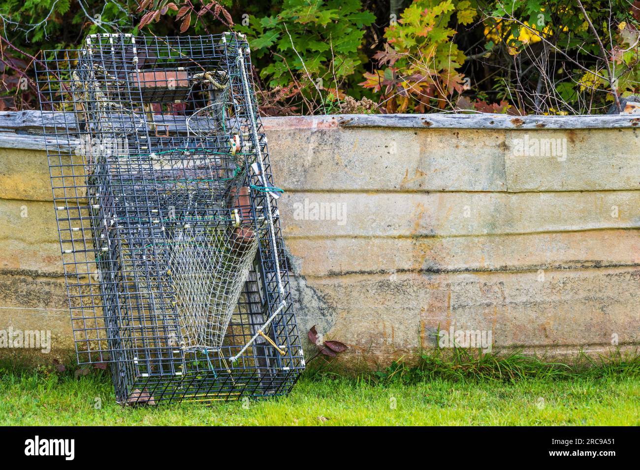 Fishing Boat and Lobster trap on Mount Desert Island in Maine Stock