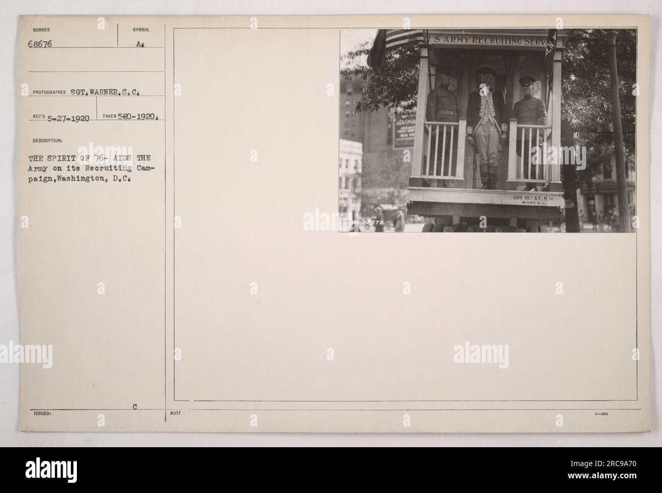 Title: 'The Spirit of 76 Aids the Army on its Recruiting Campaign, Washington, D.C.' Description: This photograph captures the Spirit of 76 impersonators assisting the army on its recruiting campaign in Washington, D.C. The photograph was taken by Warner S.C. in 1920 and corresponds to the symbol A E5-27-1920. The image shows the enlisted soldiers engaging with potential recruits to encourage their involvement in the military. Stock Photo