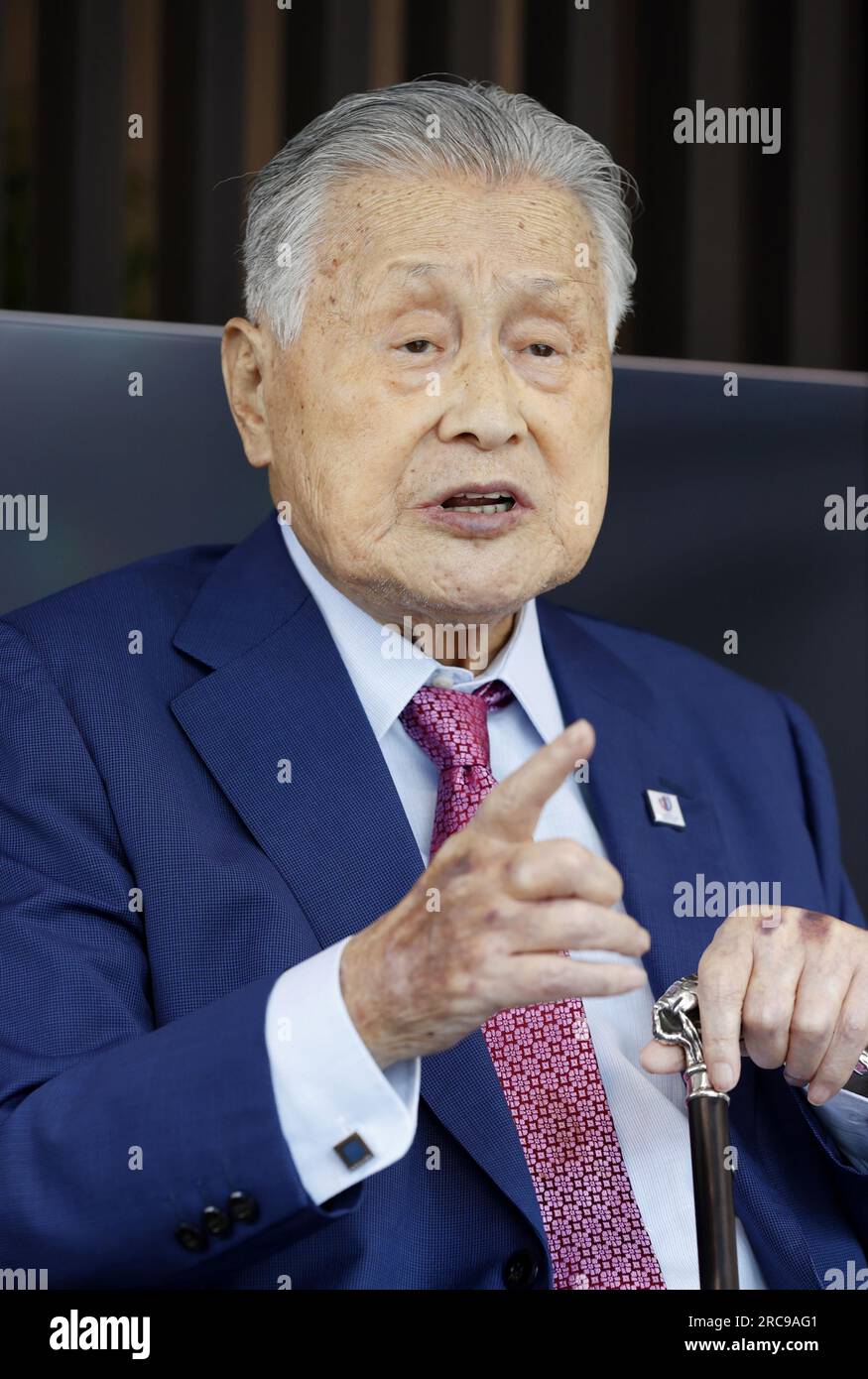 Former Japanese Prime Minister Yoshiro Mori gives an interview on July 4,  2023, in Tokyo. (Kyodo)==Kyodo Photo via Credit: Newscom/Alamy Live News  Stock Photo - Alamy