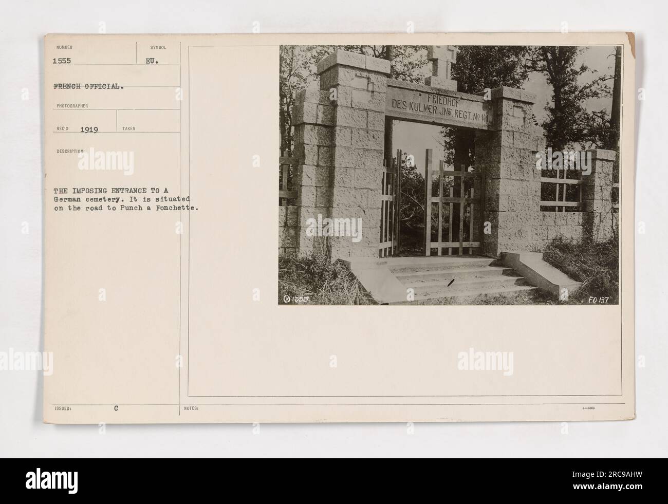 The entrance to a German cemetery of the 141st Regiment Infantry, located on the road to Punch a Fonchette. The entrance is imposing and features symbolic elements. The photograph was taken in 1919 by a French official photographer named Red. The image is part of the collection 'Photographs of American Military Activities during World War One.' Stock Photo
