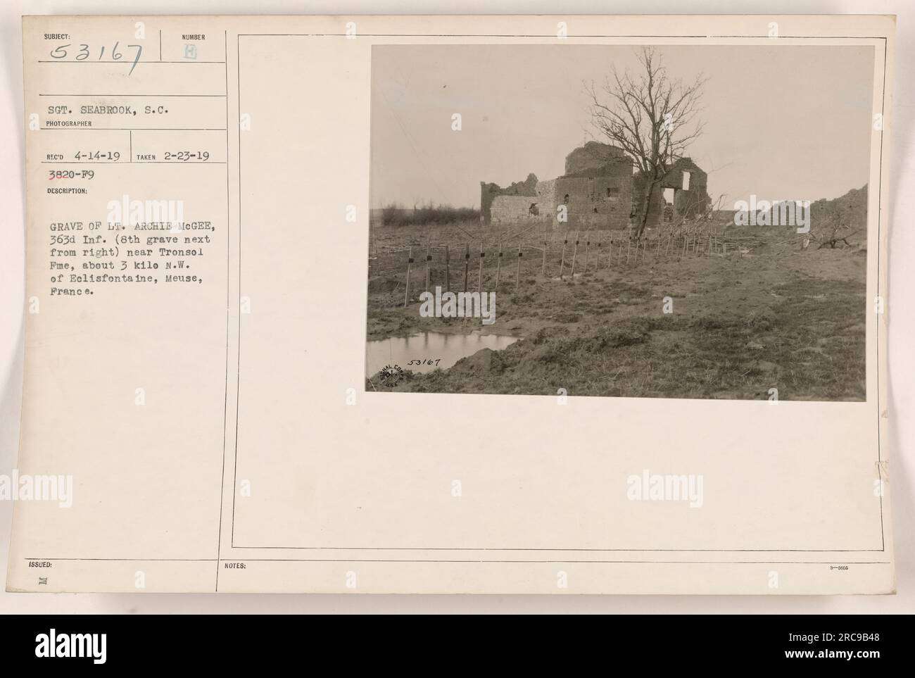 Grave of Lt. Archie McGee, 363rd Inf. (8th grave next from right) located near Tronsol Fme, about 3 kilometers northwest of Eclisfontaine, Meuse, France. Photograph taken on February 23, 1919, by Sgt. Seabrook, S.C. Photographer number B RICD 4-14-19. This description is recorded with reference number 3820-79. It was officially issued with three additional notes under the number 53167. Stock Photo