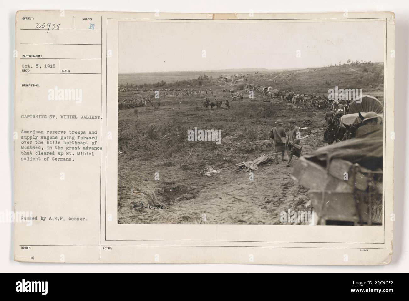 American reserve troops and supply wagons advancing over hills northeast of Montsee during the operation to clear up the St. Mihiel salient of Germans, October 5, 1918. Image approved by the A.E.P. censor in 2008. Stock Photo