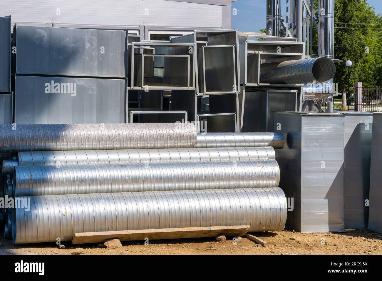 Sheet metal spiral duct in industrial manufacturing warehouse
