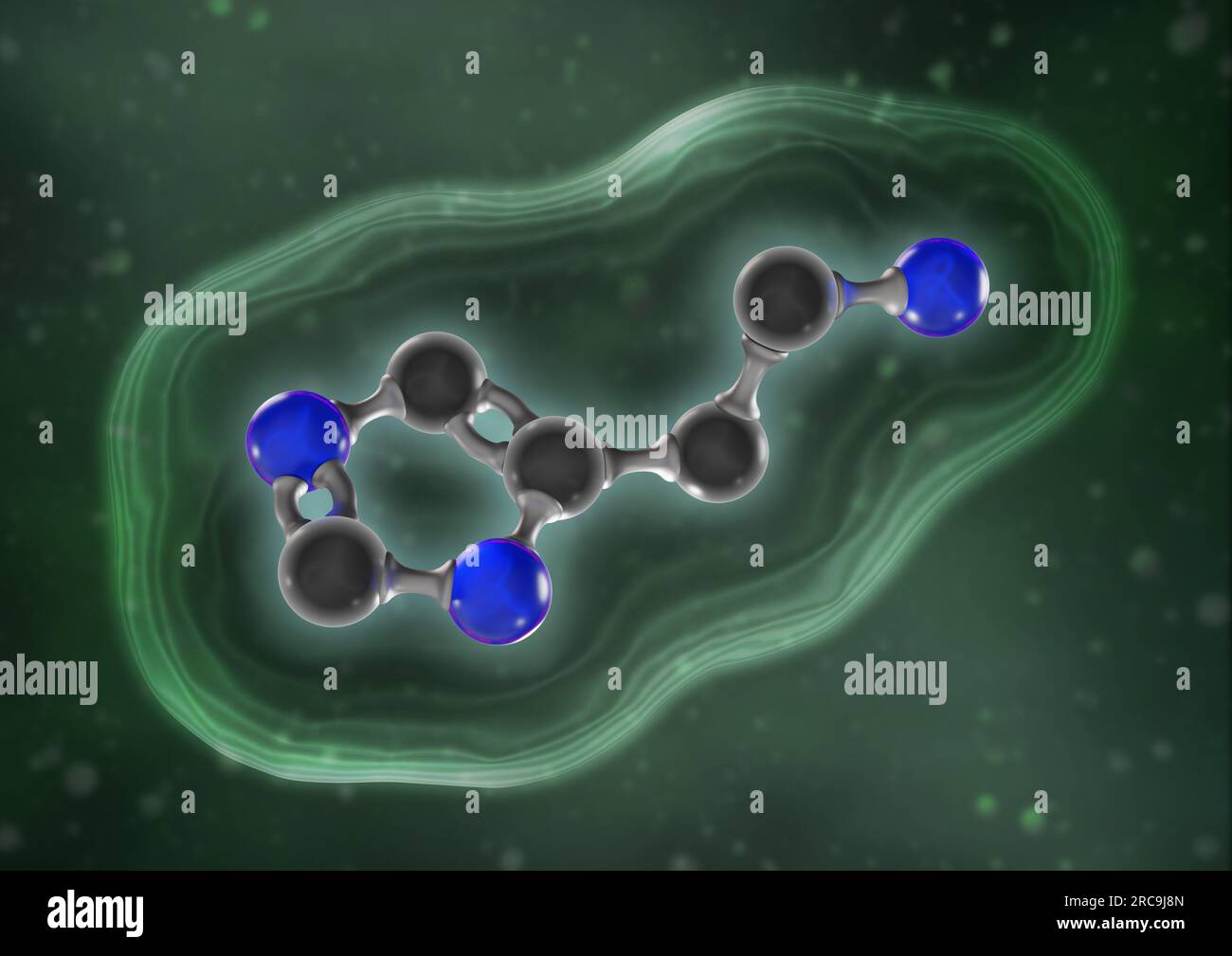 Illustration von Histamin in einer 3D Darstellung als Kugel-Stab-Modell mit angedeutetem Oberflächenmodell auf grünem Hintergrund. Histamin wirkt sowo Stock Photo