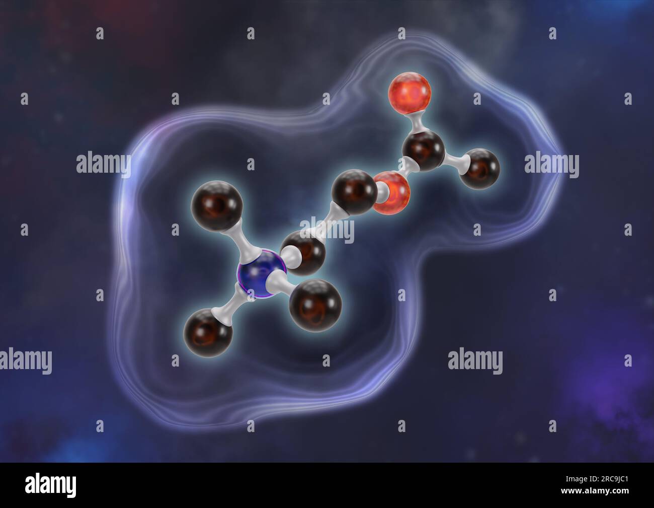 Illustration des Neurotransmitters Acetylcholin als Kugel-Stab-Modell mit angedeutetem Oberflächenmodell auf violettem, wolkigen Hintergrund. Acetylch Stock Photo