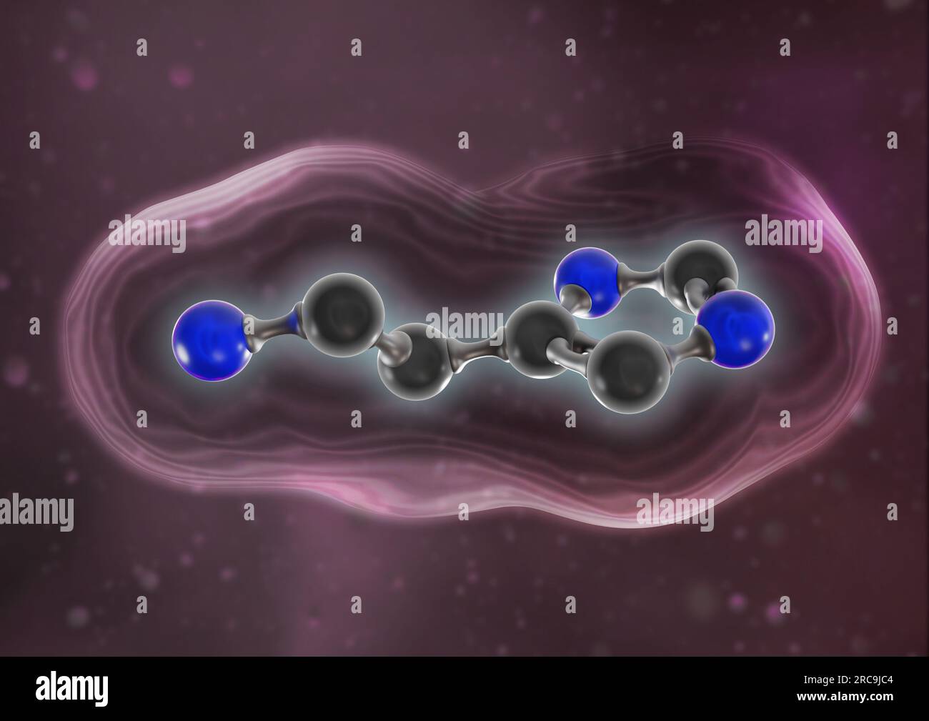 Illustration von Histamin in einer 3D Darstellung als Kugel-Stab-Modell mit angedeutetem Oberflächenmodell auf violettem Hintergrund. Histamin wirkt s Stock Photo