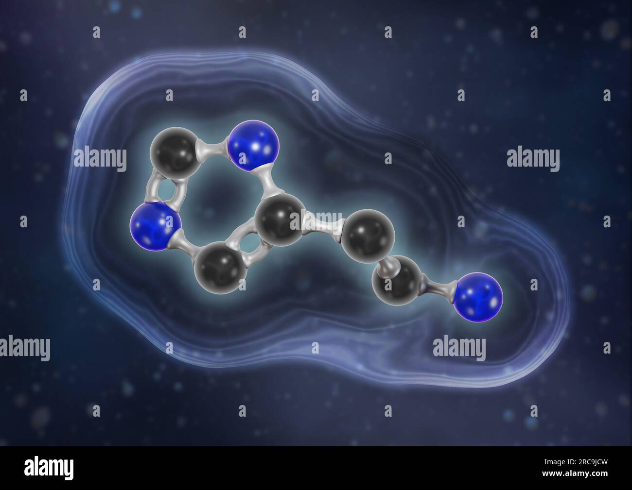 Illustration von Histamin in einer 3D Darstellung als Kugel-Stab-Modell mit angedeutetem Oberflächenmodell auf blauem Hintergrund. Histamin wirkt sowo Stock Photo