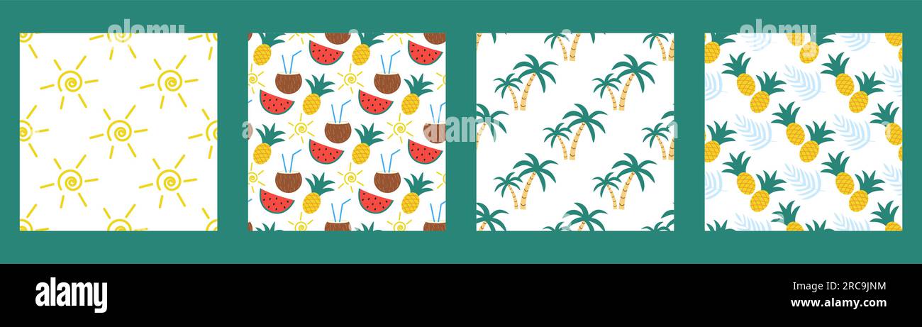 Collage summer seamless pattern set. Background with sun, palm trees, fruits. Exotic tropical print, holiday and vacation template collection, vector Stock Vector