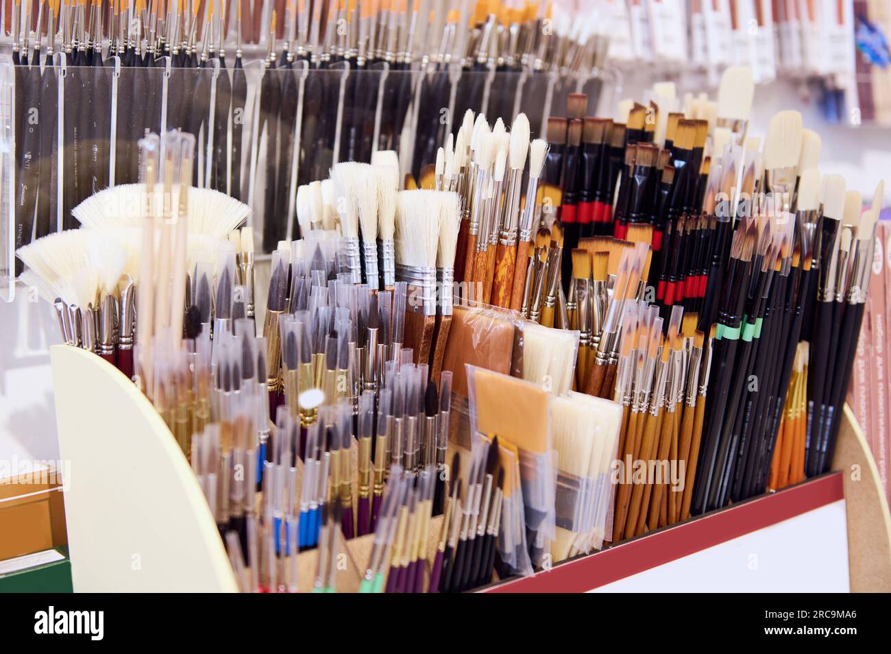 Assortment of paintbrushes on display shelf in an art store or school