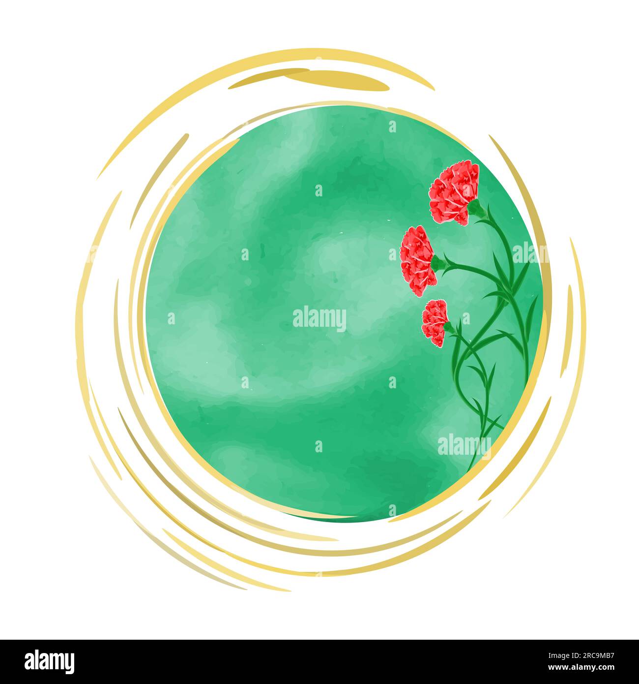 Red carnations cover golden frame on green background. Watercolor