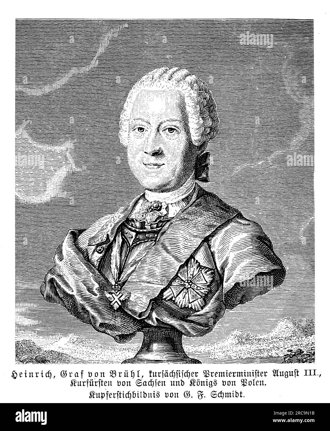 Portrit of Heinrich Graf von Bruehl, born on August 13, 1700, was a prominent figure in the court of the Electorate of Saxony during the 18th century. He served as the Prime Minister and Minister of State for Saxony under the rule of Augustus III. Bruehl was known for his opulent lifestyle and lavish taste, earning him a reputation for extravagance. He played a significant role in shaping the cultural and artistic landscape of Saxony, particularly in Dresden, where he sponsored numerous architectural projects and cultural endeavors. Brühl's tenure as a minister was marked by his efforts to str Stock Photo