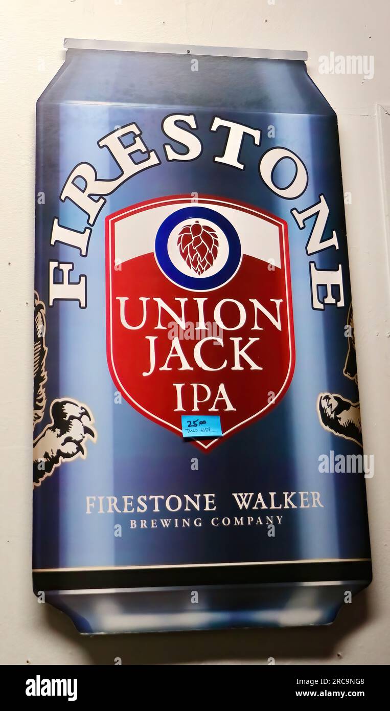 Photo of a Firestone Union Jack IPA vintage metal sign for sale in an antiques shop Snohomish Washington State USA Stock Photo