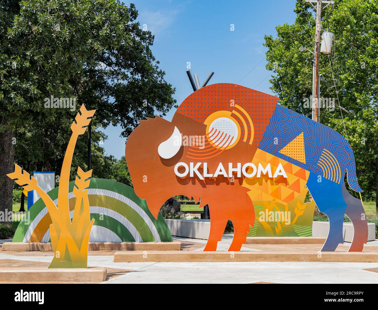 Oklahoma, JUL 4, 2023 - Sunny view of the Bison sign in the welcome center Stock Photo