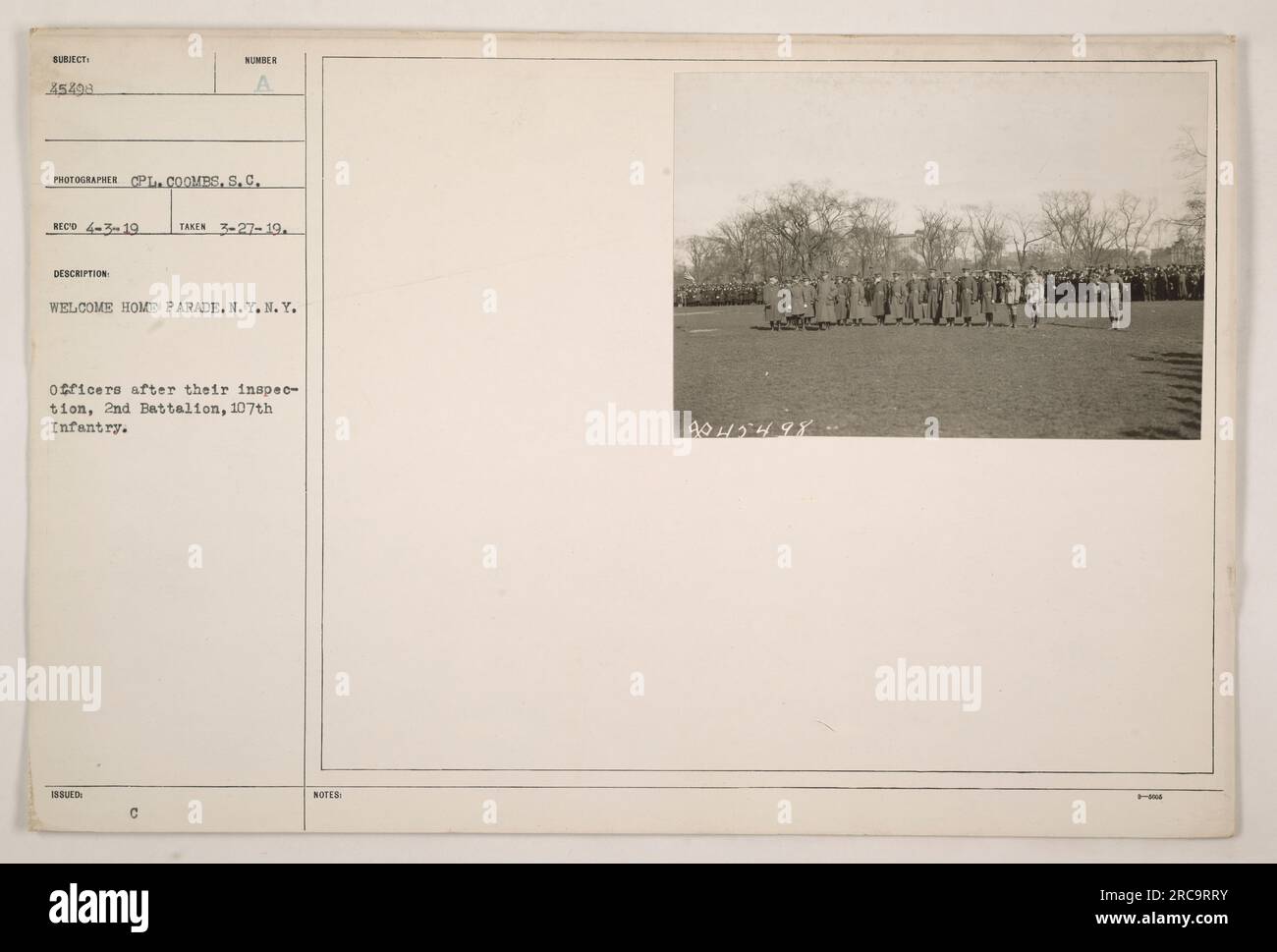'Officers from the 2nd Battalion, 107th Infantry, during a welcome home parade in N.Y.N.Y. after an inspection. Photograph taken on July 27, 1919, by CPL. Coombs, S.C. Description number 45498. Notes: Image issued with C-notes: 9045498.' Stock Photo