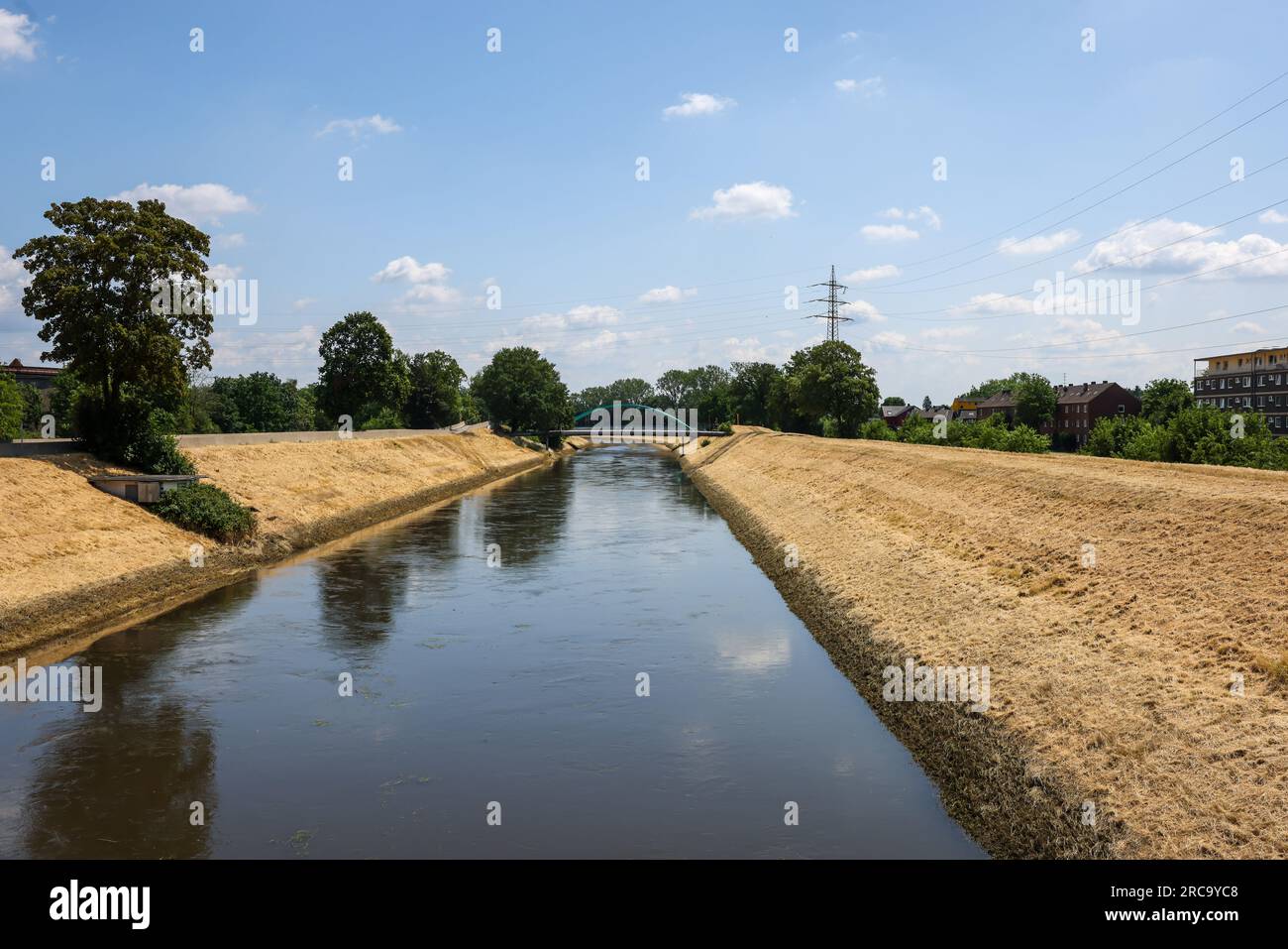 Oberhausen, North Rhine-Westphalia, Germany - Renaturalization of the Emscher in the Holtener Bruch. The currently straightened Emscher, shown here at Stock Photo
