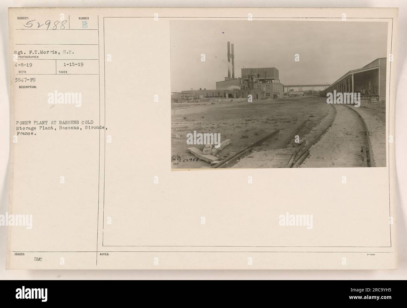 'Sgt. F.T. Morris, S.C. photographed the power plant at Bassens, Gironde, France on April 8, 1919. The image is part of the DMC (Damaged and unclassified references) records, issued on January 15, 1919. The photo shows the Cold Storage Plant at Bassens, Gironde, France. Additional notes indicate the file number as 2012 22988.' Stock Photo