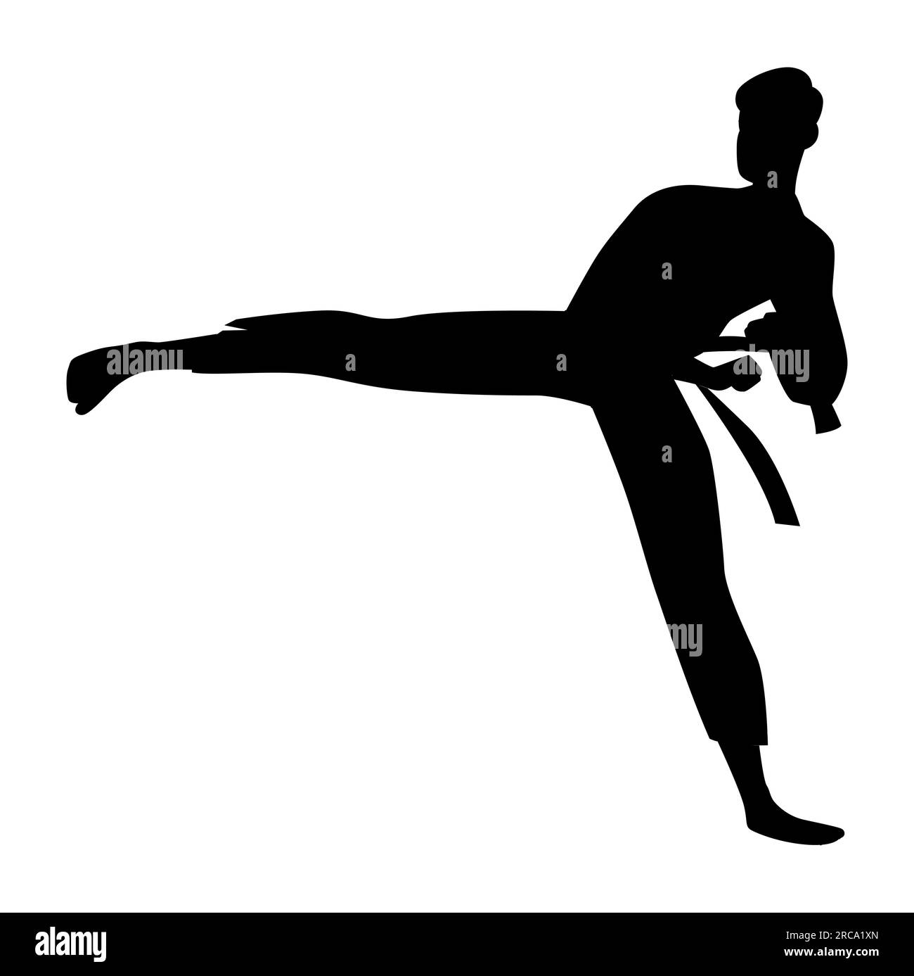 Black silhouette of a person doing karate practice in a kicking pose, martial arts class, vector illustration isolated on white background Stock Vector